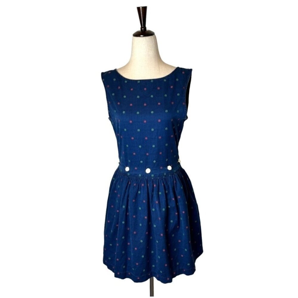 Maison Kitsune Dress Women 8 Blue Floral Cotton Button‎ Detail Tie Back Mini